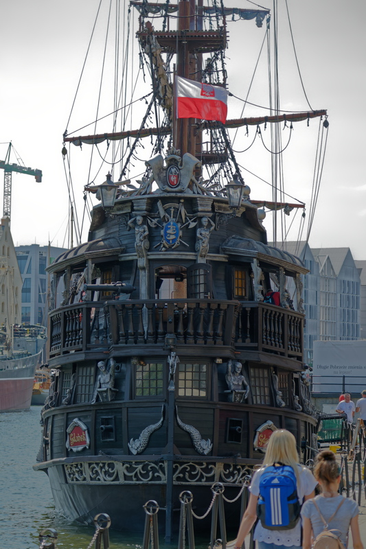 18 - A replica of a historic galleon, often styled as a pirate ship, docked on the Motława River in Gdańsk, Poland